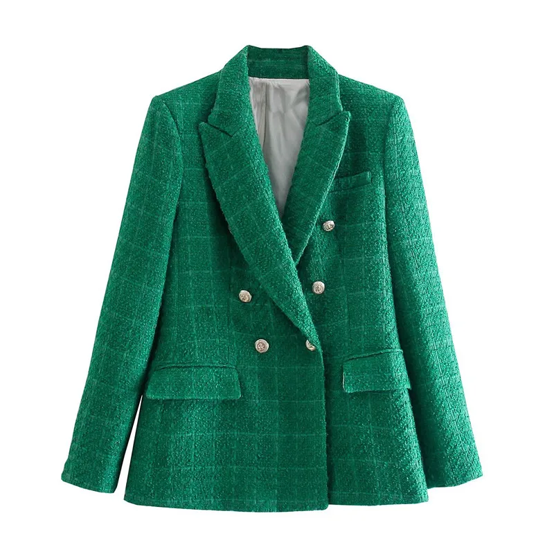 Vintage Lapel Neck Tweed Check Blazer Coat Women Fashion Double Breasted Long Sleeve Slim Coats Chic Jacket Female Outerwear