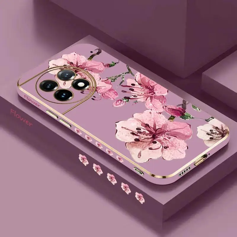 Ink Peach Blossoms Luxury Plating Phone Case For Oneplus 11 11R 10 Pro 10R 10T 9R 9RT 9 8T 8 8 Pro Cover