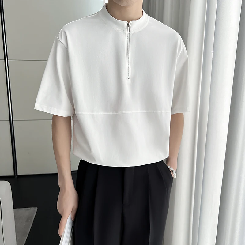 

Small round neck short sleeve men's shirt half zip stand neck T-shirt