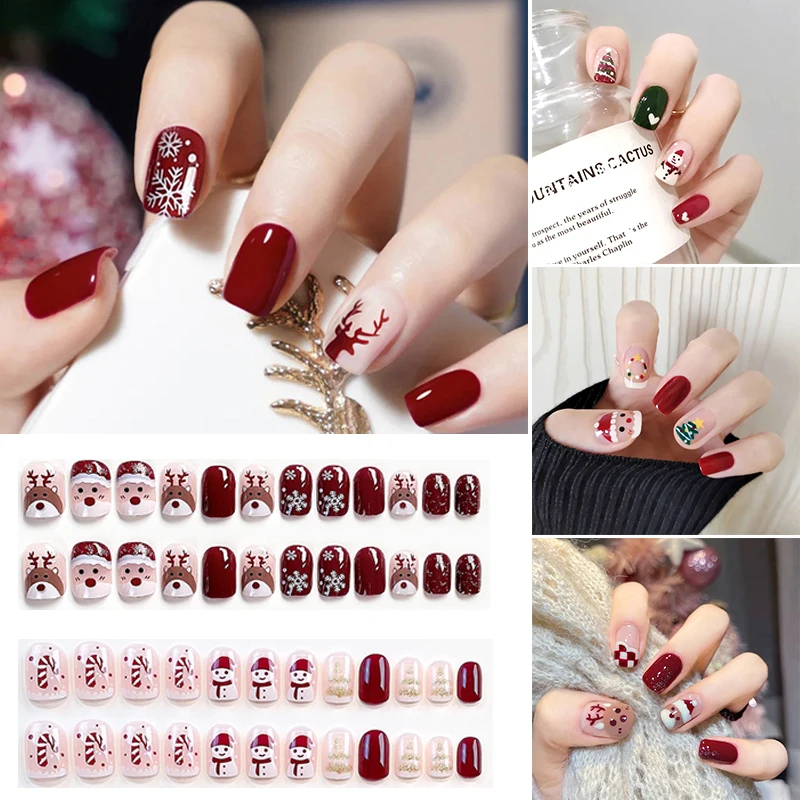

2022 New 24PCS Nail Decor Press On Nails Nail Decor Artificial Christmas False Nail Full Cover Manicure Short Square Wearable
