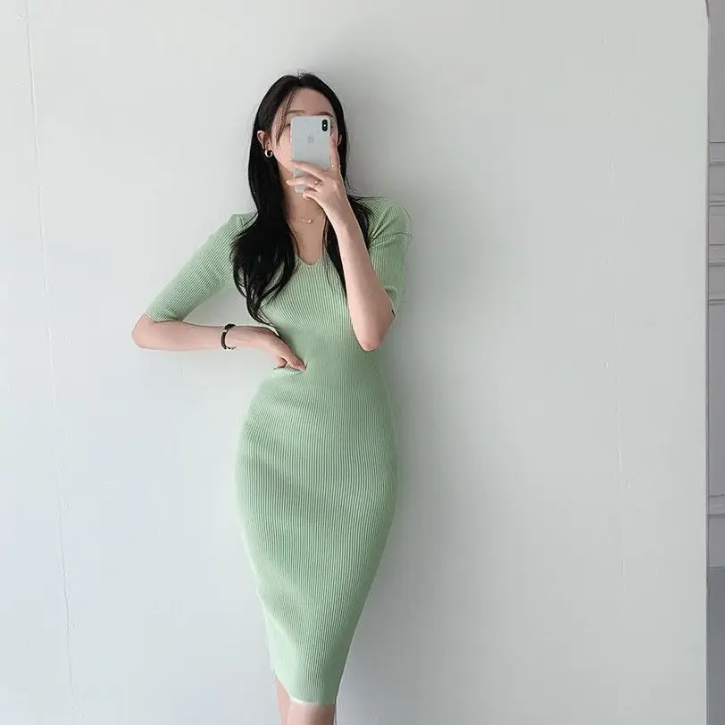 

Clothes Prom V Neck Midi Solid Knitted Party Woman Dress Knee Length Dresses for Women Sexy Daring Crochet Bodycon Cover Up Hot