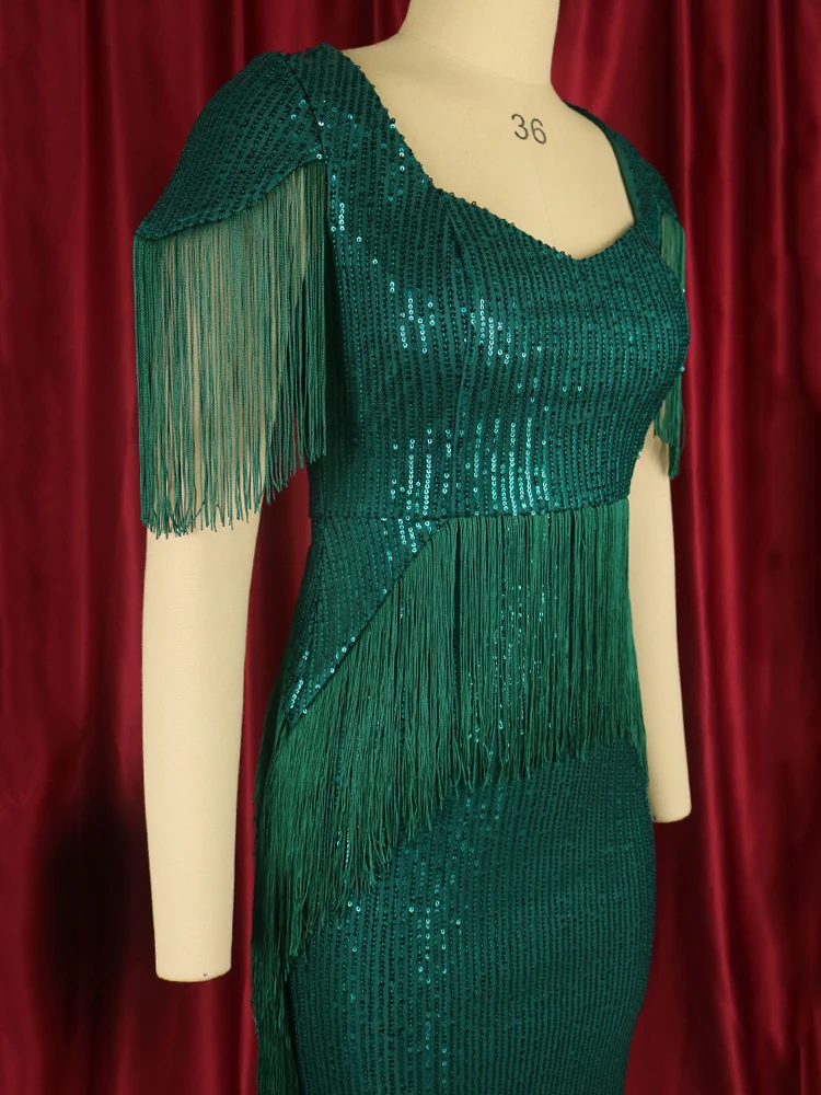2022 Women Elegant Prom Dress Sexy Sequin Tassels Short Sleeve Luxury Irregular Tunics Party Evening Plus Size Dresses