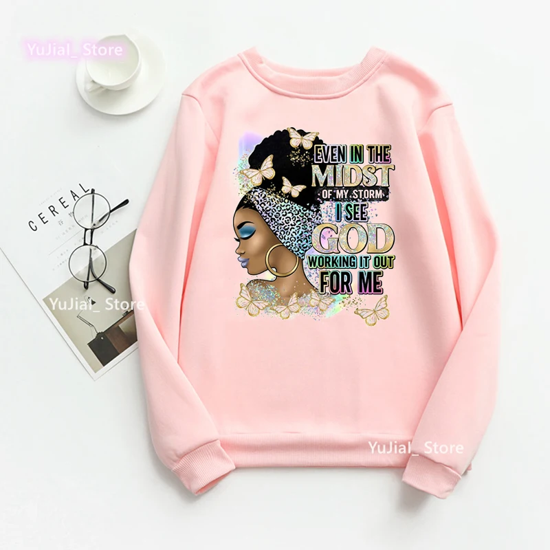 

Watercolor Even In The Midst Of My Storm I See God Working It Out For Me Graphic Print Hoodie Women Black Girl Magic Sweatshirt