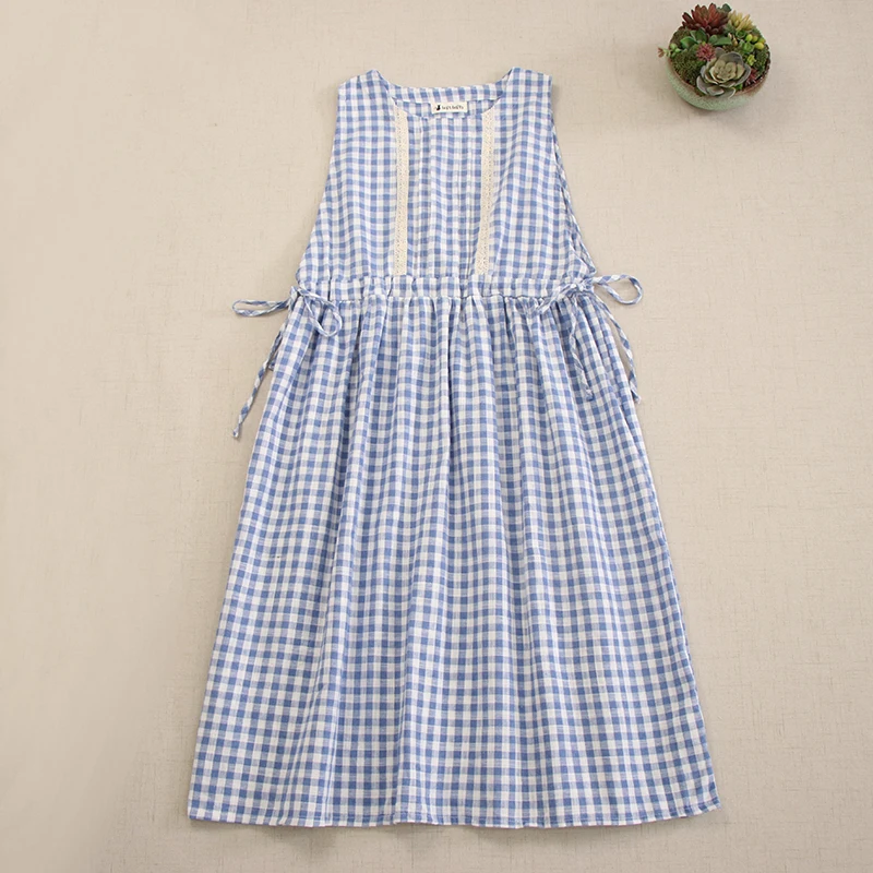 Японское милое винтажное клетчатое хлопковое платье на бретелях Mori для девочек