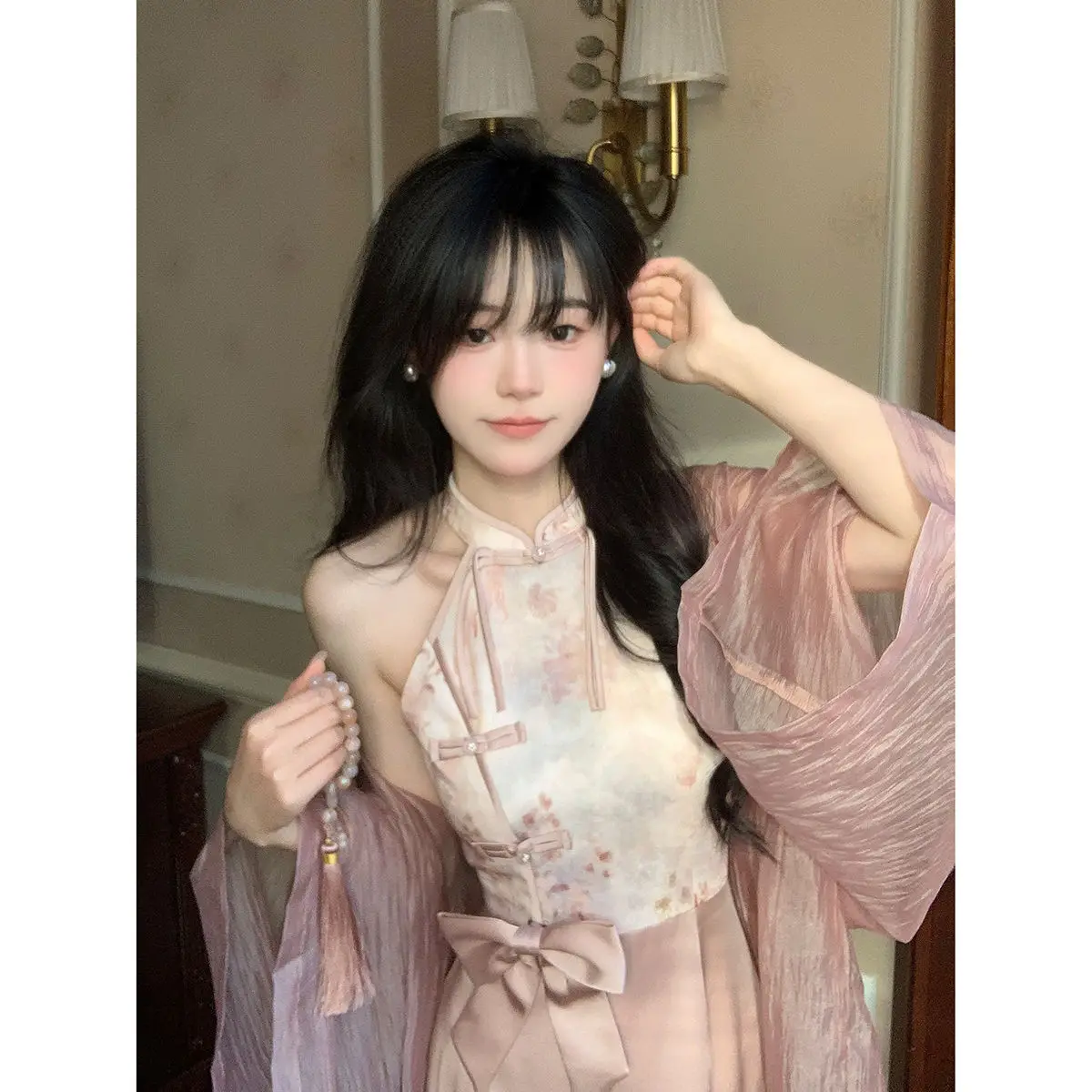 Женское розовое платье-Ципао из полиэстера