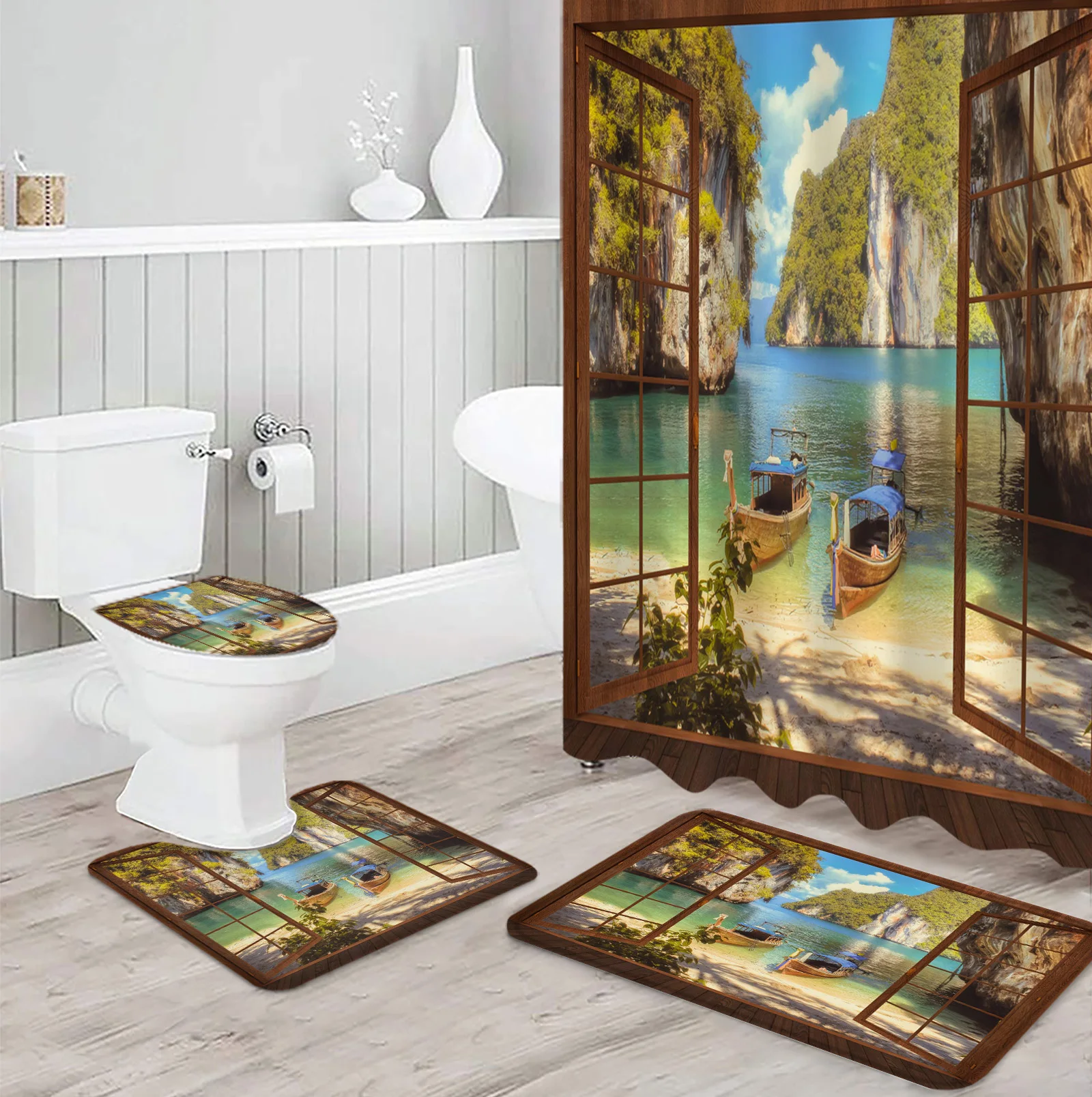 

Набор душевых занавесок с принтом, для окон, рыбалки, лодки, гор, коврик для ванной комнаты, бытовой