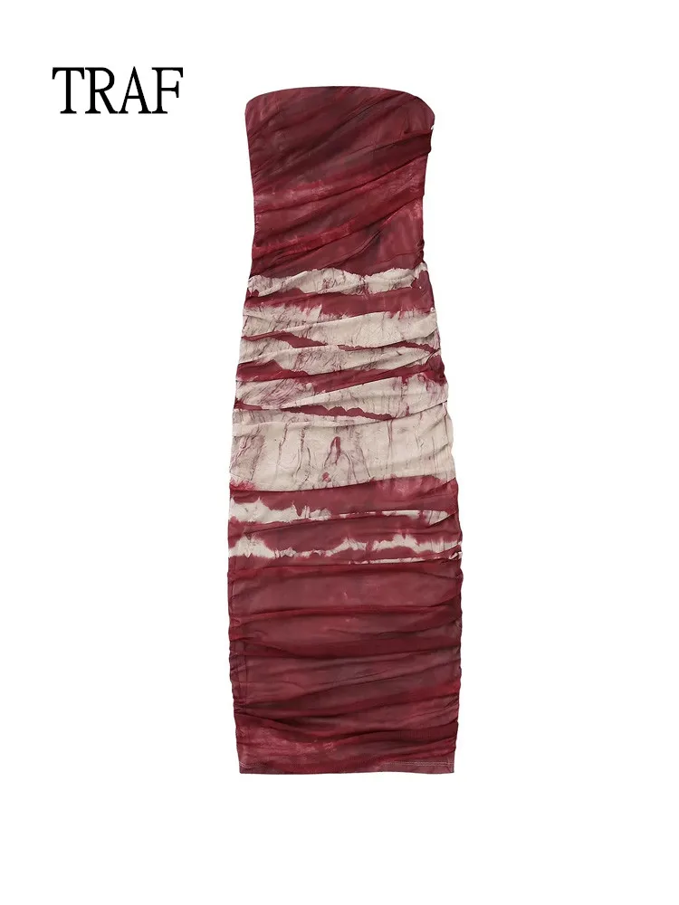 

TRAF Long Dresses Women 2022 Sexy Off Shoulder Mesh Print Midi Dress Woman Backless Ruched Party Dress Elegant Bodycon Dresses