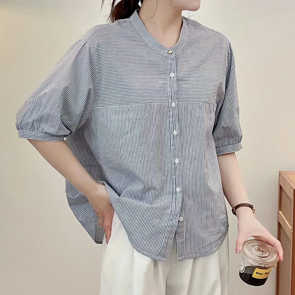 Модная свободная полосатая блузка женская одежда Новинка лета 2024 универсальные