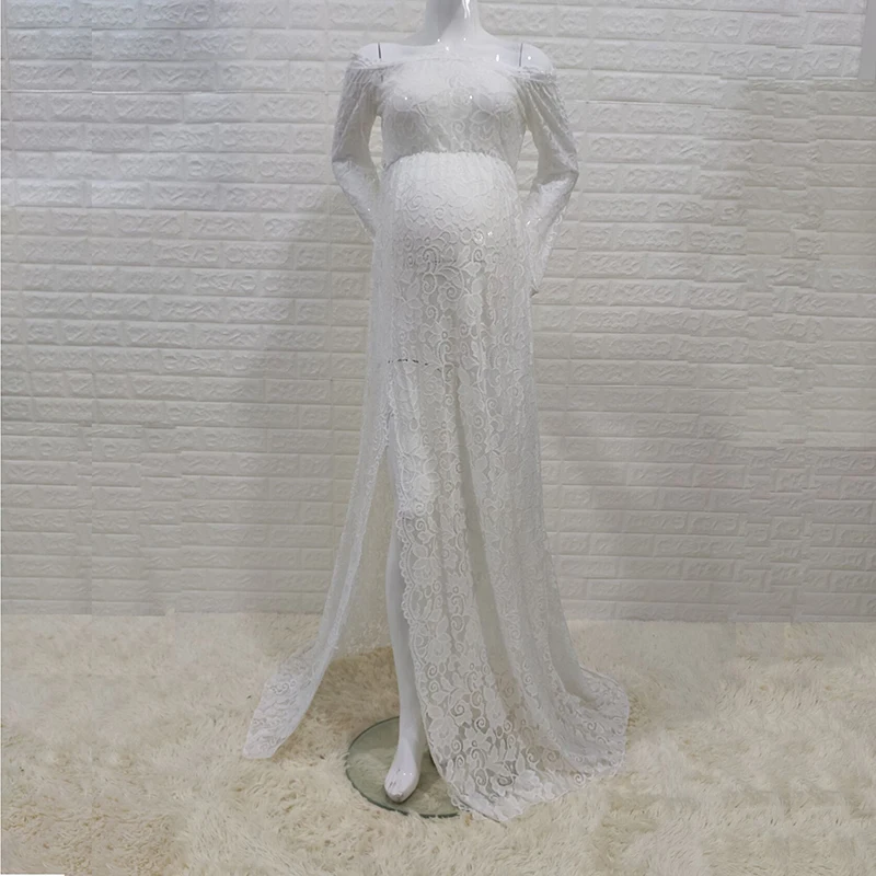 Lace Maternity Gown for Photography Side Opening Pregnancy Photoshoot Dress Round Tail Baby Shower Dress for Women PregnantWoman enlarge