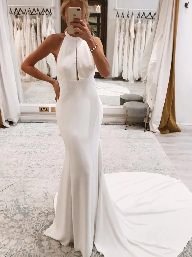 

I OD Simple Halter Backless Mermaid Wedding Dresses Sleeveless Satin Bridal Gowns Button Design Floor Length Vestidos De Novia