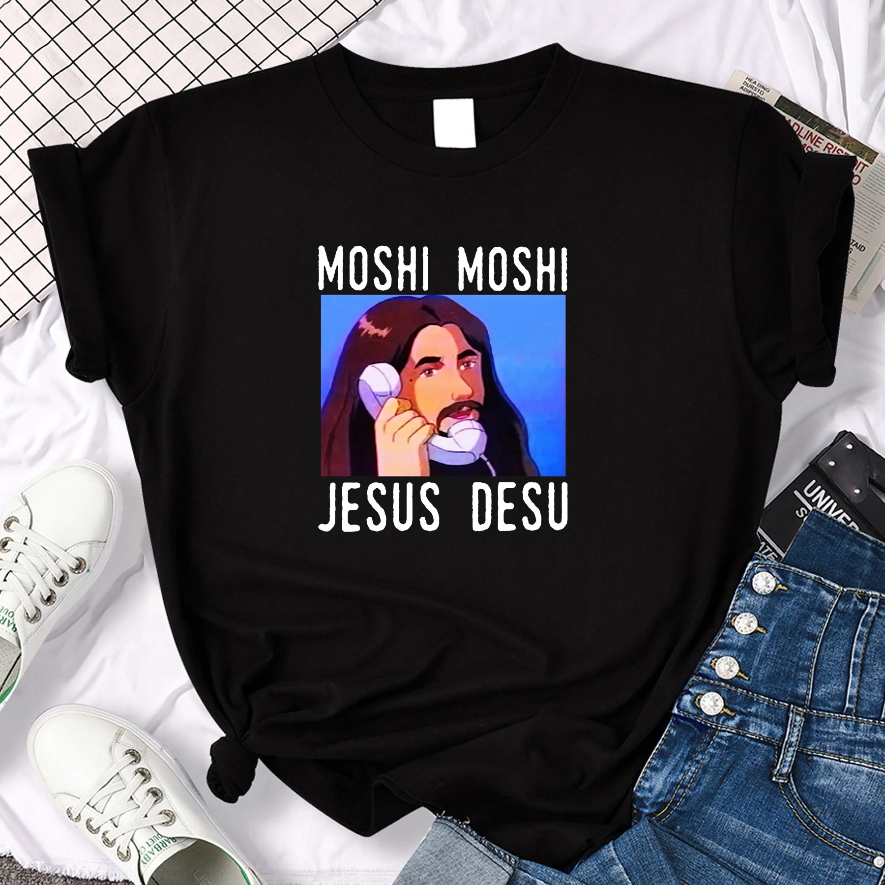 

Amazing Male Tee Men T-shirt Oversized Moshi Moshi Jesus Desu Funny T-shirt Women T-shirts Graphic Streetwear Ladies Y2k T Shirt