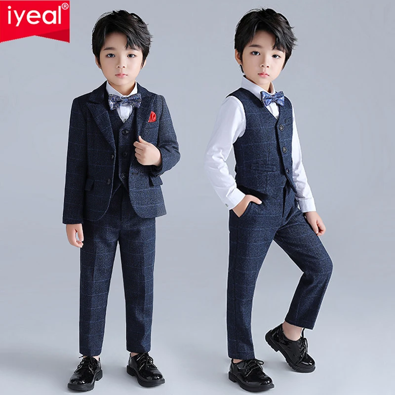 

IYEAL Child Formal Suit Set Handsome British Flower Boy Wedding Host Piano Party Costume Kids Jacket Vest Pants Bowtie Outfit