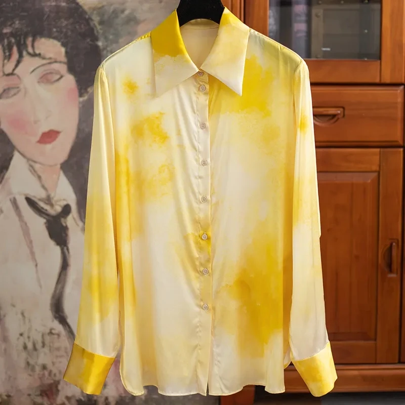 

Clothes For Women Imitation Silk Print Long Sleeve Shirt Women Tops Spring Vintage Yellow Blouse Womens Tops Blusas Para Mujer