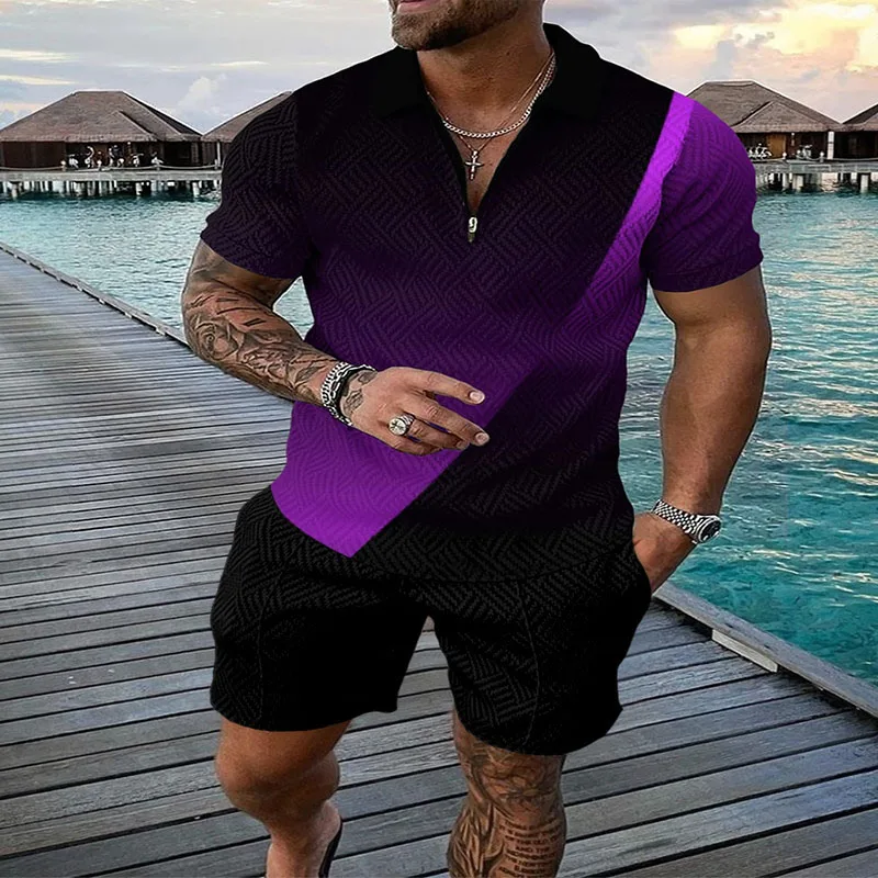 2023 Men's Polo Suit Fashion Sets Mens Solid Color Summer V-neck Zipper Short Sleeve POLO Shirt+Shorts 2 Pieces Men Casual Set