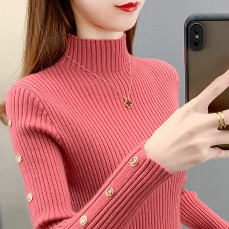 

2023 Fashion Turtleneck Button Solid Color All-match Sweater Women's Clothing Autumn New Casual Pullovers Loose Korean Tops