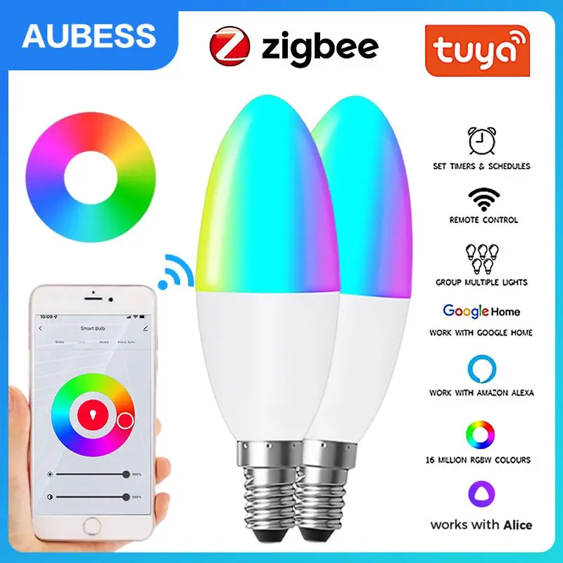 

Светодиодная лампа Tuya Zigbee E14, умная лампа с регулируемой яркостью, 5 Вт, лампа для Alexa, Google Home, Яндекс Alice, умный дом, Rgbcw