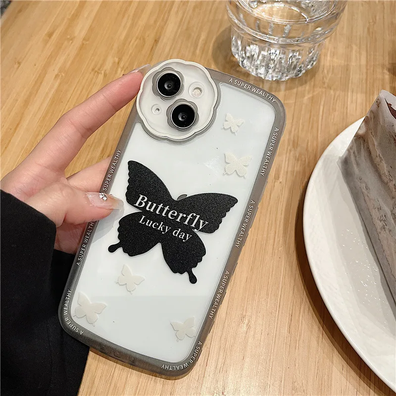 

Black butterfly ins flower round silicone protector phone case for iphone 11 12 pro max 7 8 plus xsmax x xr 13 promax back shell