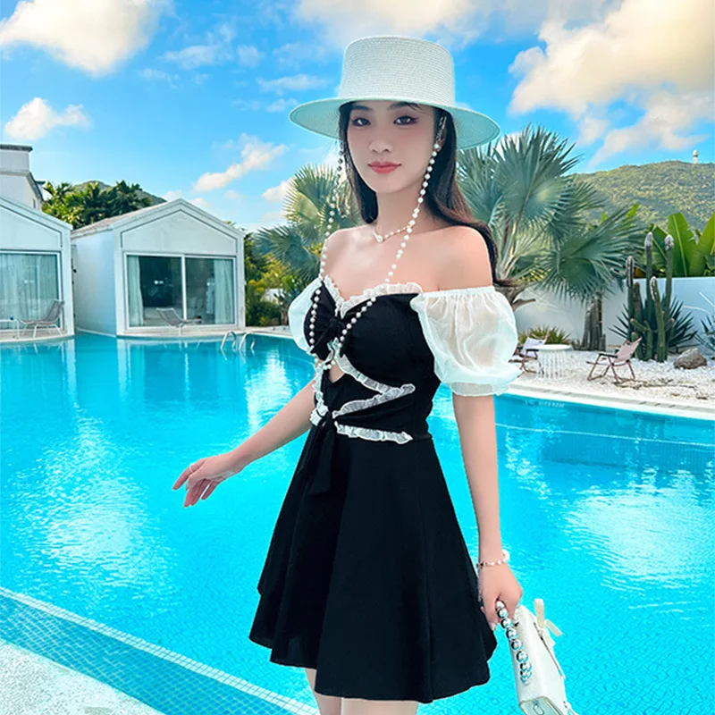 Short-Sleeved One-Piece Dress Swimsuit Summer Women's Ivory White Swimsuit High Waist Korean Bikini Set Swimsuit Free Shipping