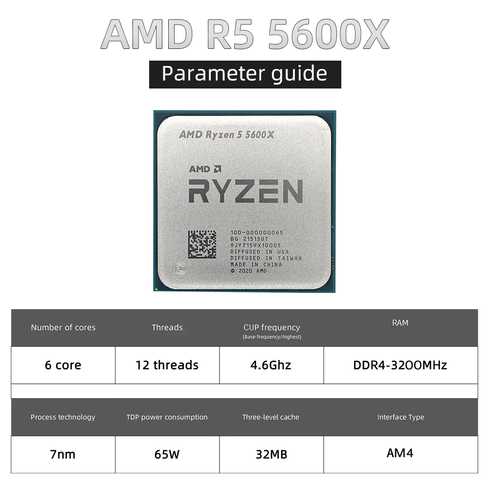 Процессор AMD Ryzen 5 5600X для ПК центральный процессор компьютера 6 ядер 12 нитей 65 Вт L3 =