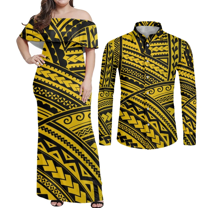 

HYCOOL Polynesian Samoa Tribal Couple Matching Clothes Sexy Off Shoulder Long Bodycon Yellow And Black Dress For Women Summer