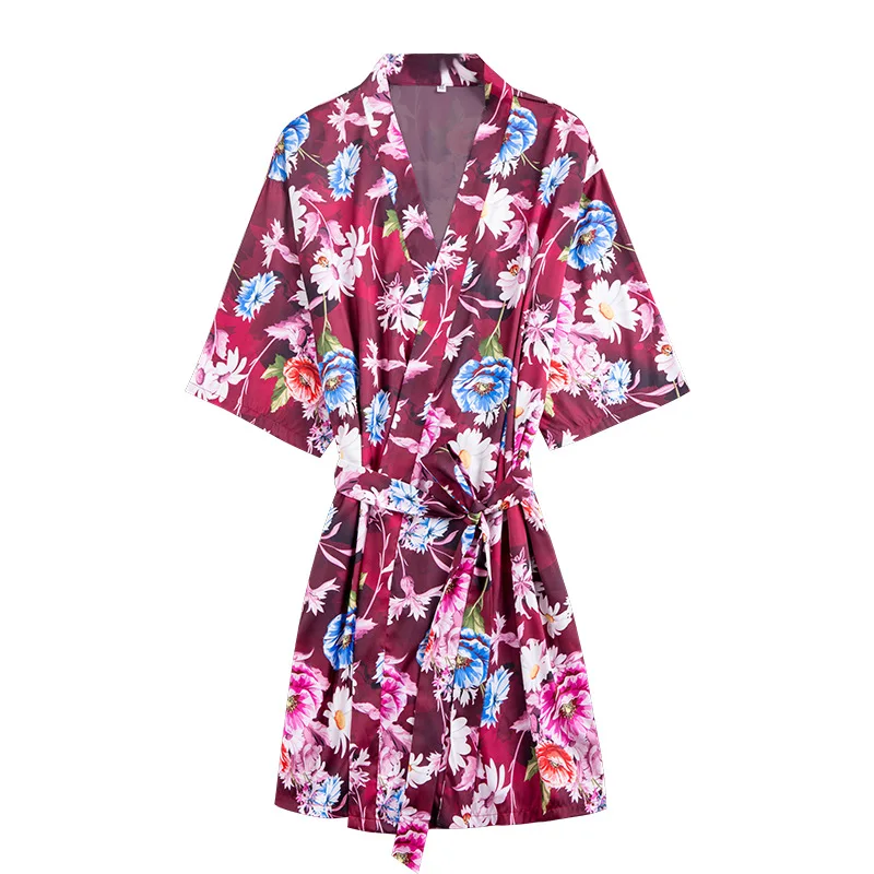 Women Silk Sexy Kimono Satin Bathrobe Knee Length Bridesmaid Floral Bath Robe Green Bride Dressing Gown for Wedding Sleepwear |