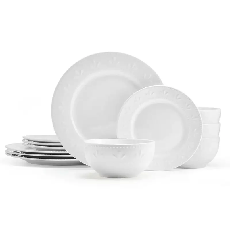 

Набор посуды Maddy из 12 предметов, рельефный фарфор, белая посуда для здоровья и безопасности