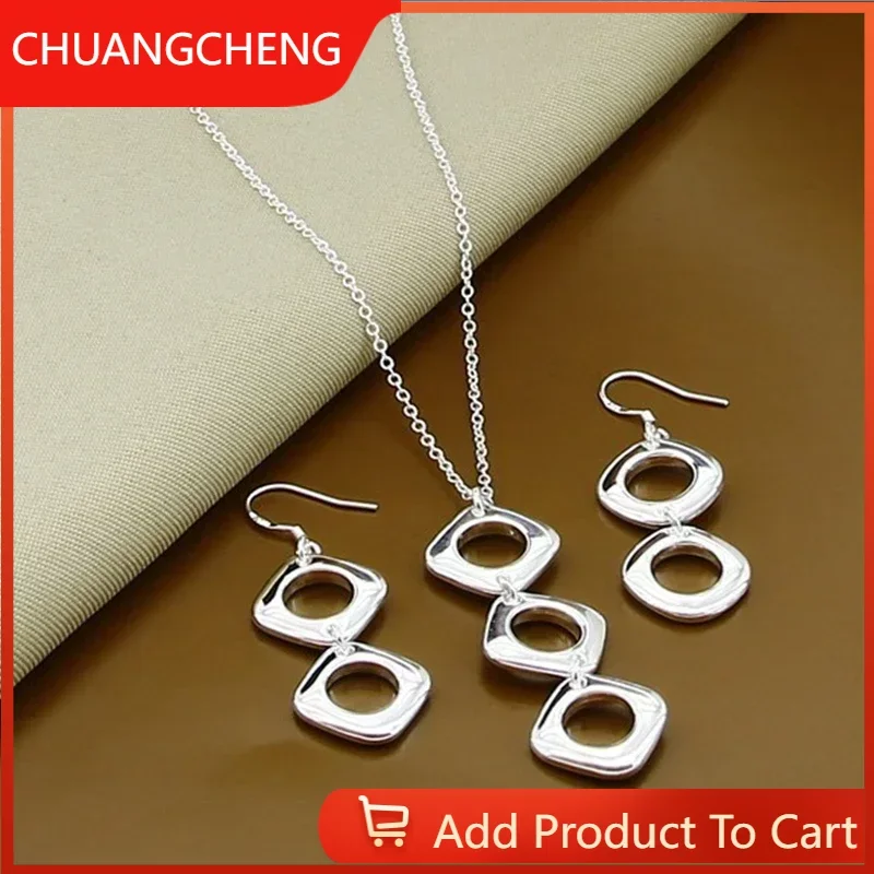 

CHUANGCHENG 925 Sterling Silver Cube Shape Hollow Round Link Necklaces Earrings for Women Accessories Jewelry Set