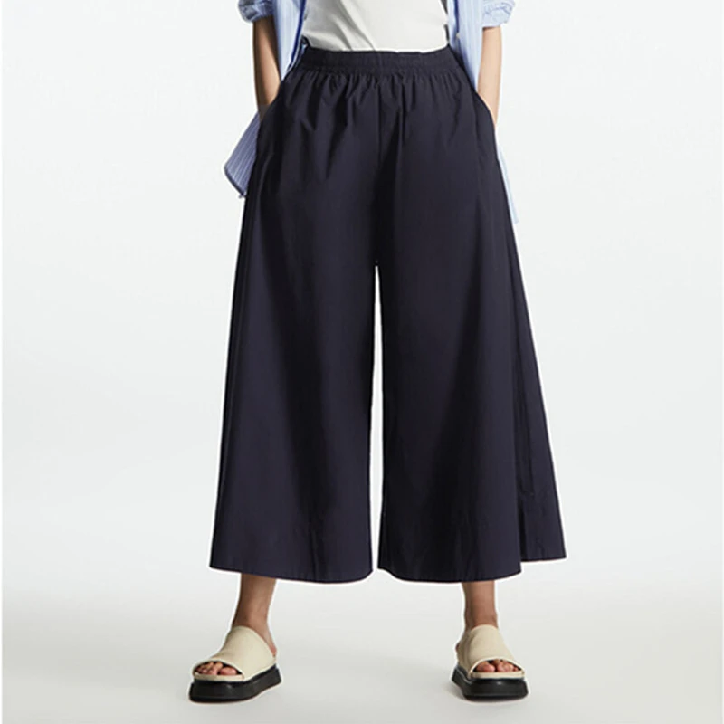 

Women Cotton Loose Ankle-length Pants Elastic Waist Solid Color Simple Female Wide Leg Trousers 2022 New