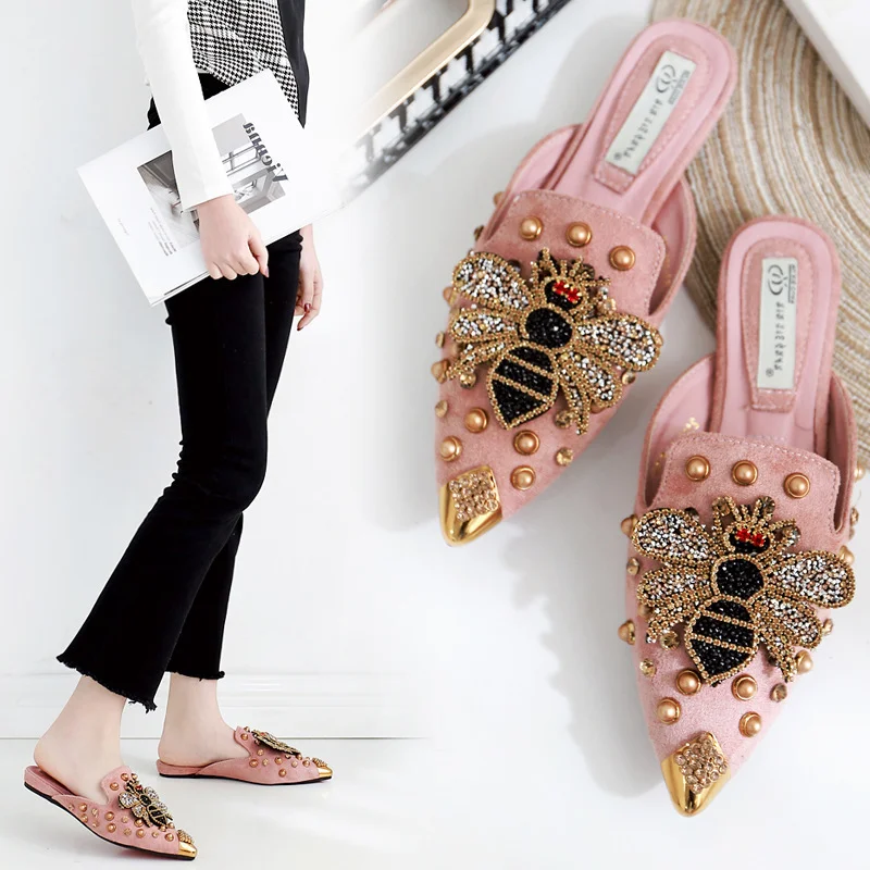 

Women's Mules Pointed Rhinestone Rivet Luxury Slippers Slip on Loafer Flat Sandals Slides Ladies Shoes Metal Suede Female Spring