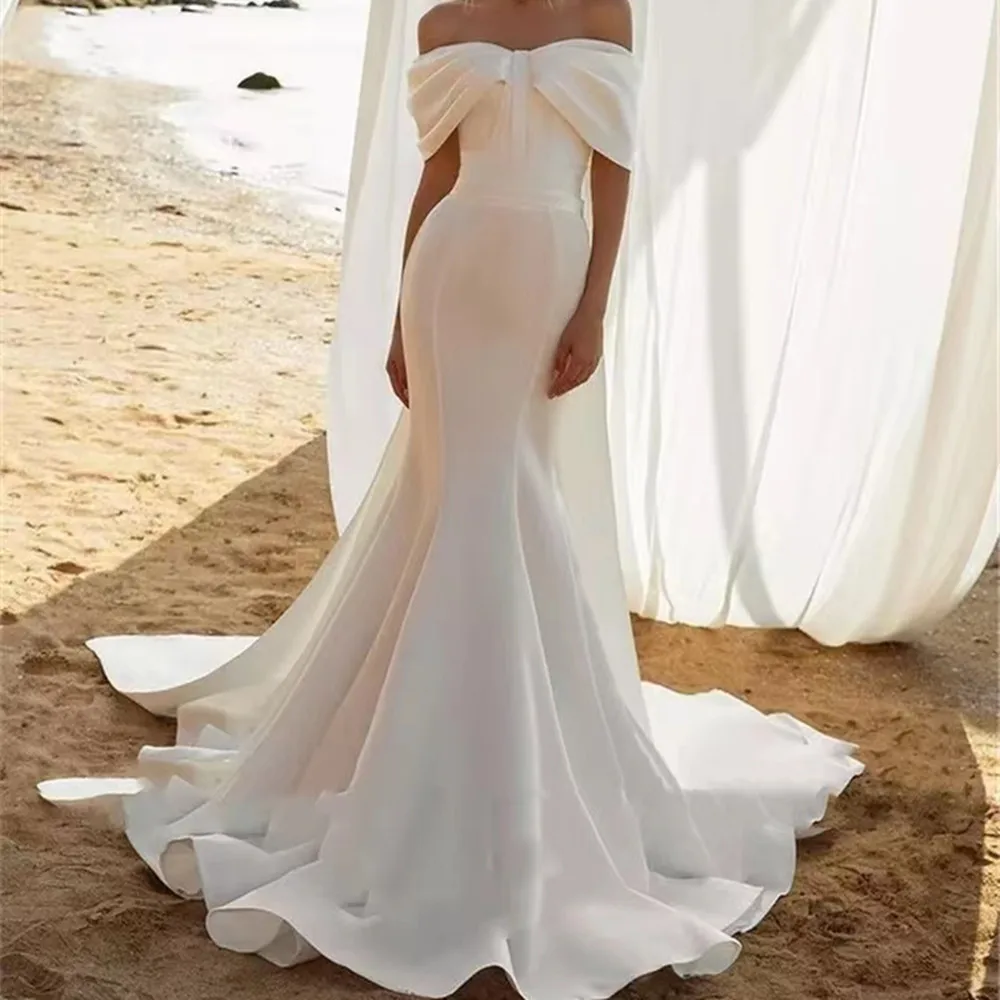 

Elegant Mermaid Stain Wedding Dress For Women Off The Shoulder Court Train Bridal Gowns Custom Made Robe De Mariée 2022