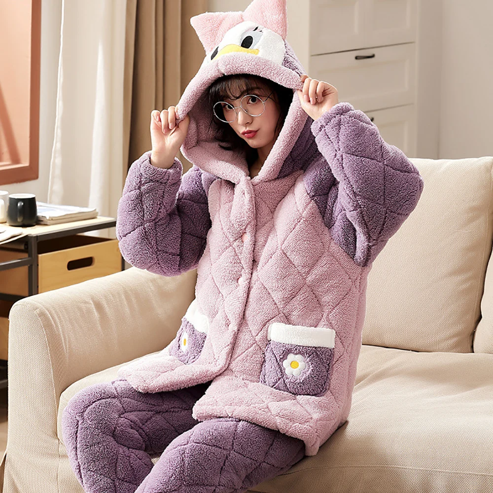 Women's Winter Flannel Pajamas 3-layer Thicken Warm Pijamas Woman 2 Pieces Pyjamas Set Sweet Cute Winter Cozy Female Sleepwear