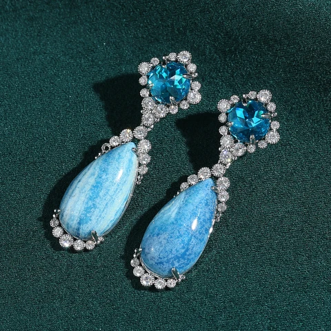 Длинные серьги-капли STALAIT из меди с синим камнем