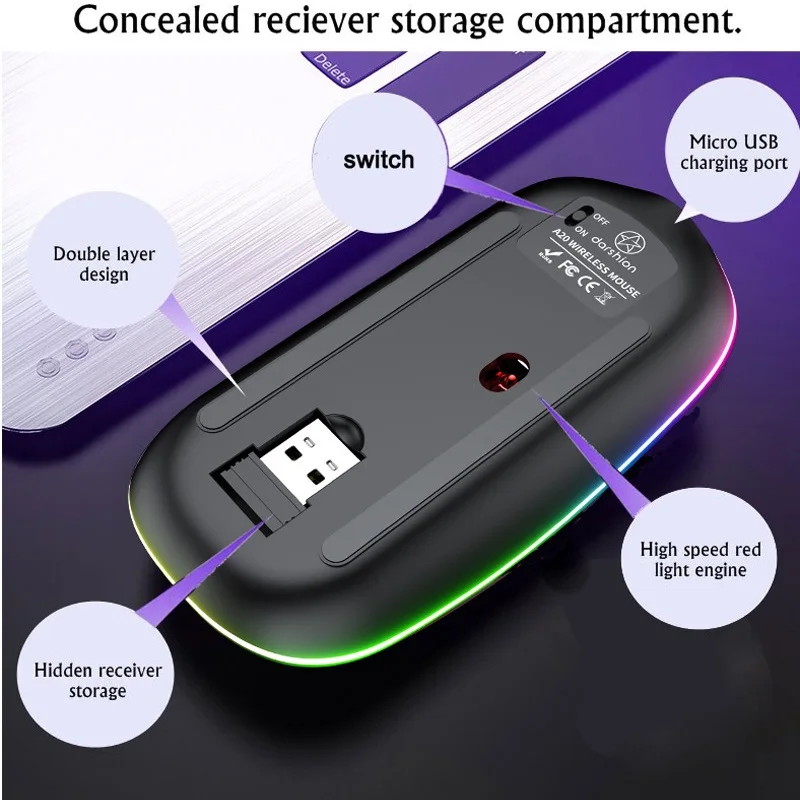 A20 Беспроводная мышь 2,4 ГГц Перезаряжаемая USB Бесшумная Эргономичная RGB Игровая мышь для ноутбука ПК Планшета Аксессуары на.