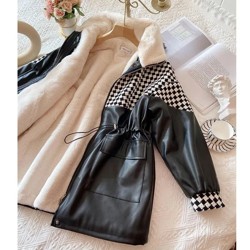 New Winter 2022 Leather Coat Women's Medium Length Patchwork Loose Checkerboard PU Leather Cashmere Thick Parker Cotton Garment