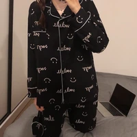 houzhou pajamas for women spring autumn bedroom set smiley print pijamas black home clothes pyjamas sleepwear nightwear kawaii
