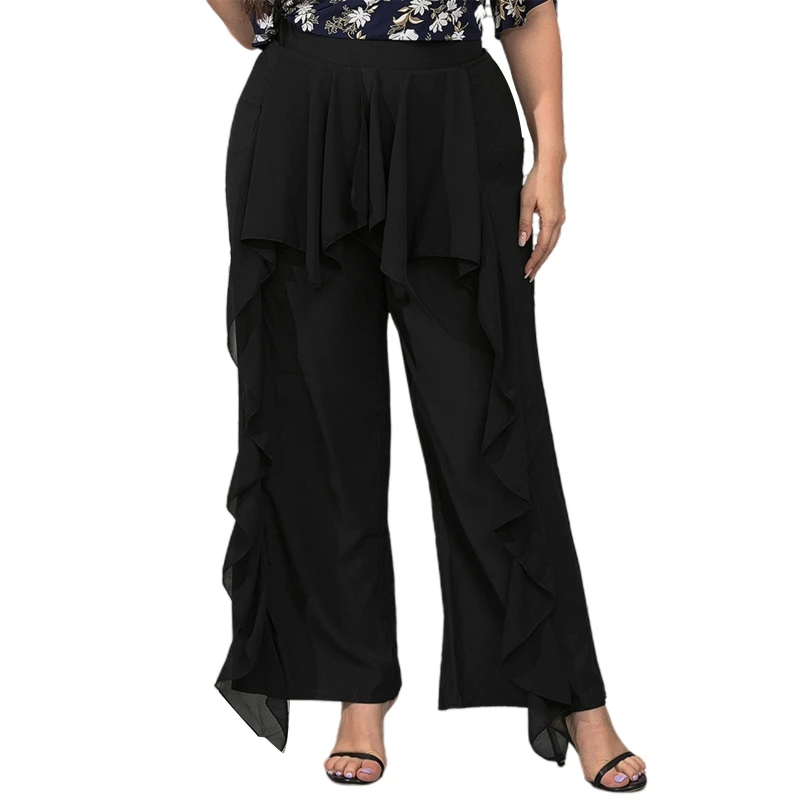 

Women Plus Size Chiffon Ruffles Pleated Overlay Pants Casual High Waist Trousers