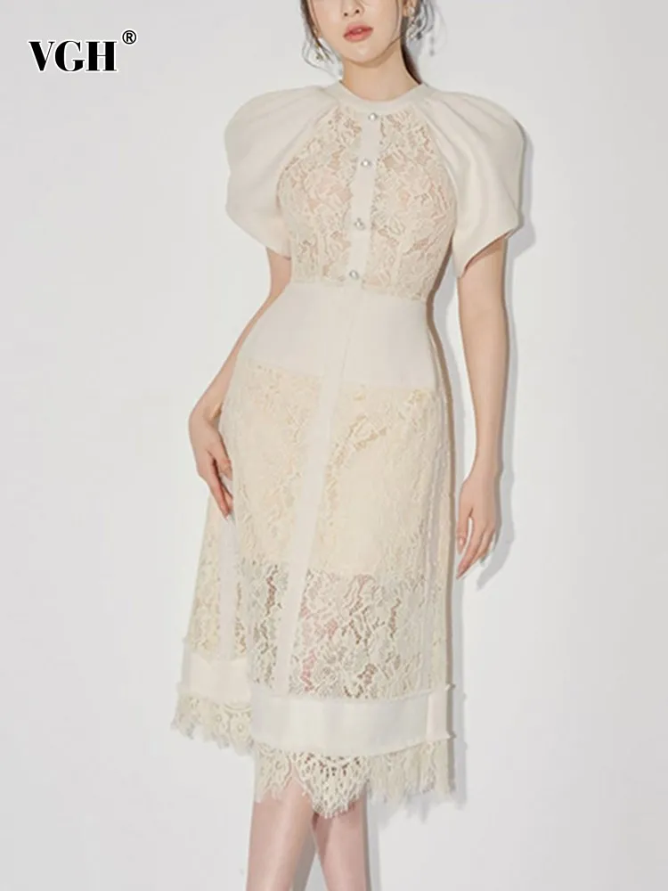 

VGH te,perament lace dresses for women round neck short sleeve high waist sheer tunic midi dress female summer new style 2023