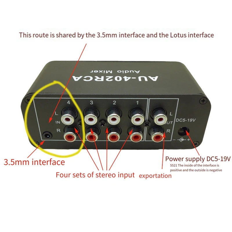 AU-402RCA Stereo Audio Mixer Multi-Channel Source Reverberator Volume Control 3.5Mm Headphone Driver 4 Input