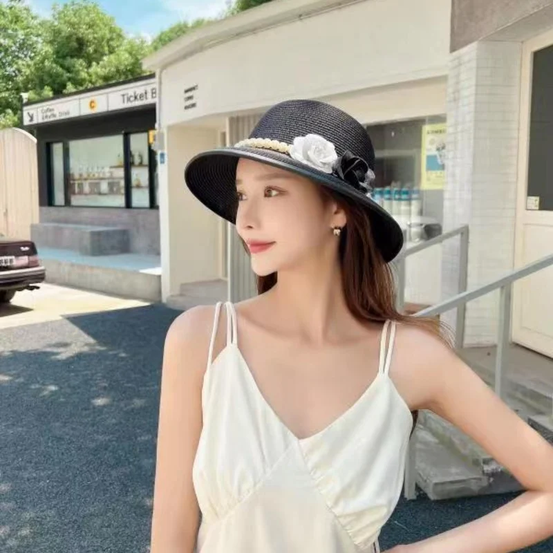 

French Retro Elegant Straw Flat Top Hat Pearl Flower Fisherman Hat Seaside Holiday Beach Sunshade Lady Panama Peaked Outdoor Cap