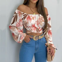 vintage elegant flower print women blouse 2022 spring summer new off shoulder lantern long sleeve shirt top