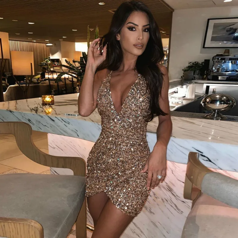 

Woman Sexy Sequin Dresses Bodycon High Waist Dress Bodycon Women V-neck Irregular Nightclub Backless Spring Summer Birthday Wear