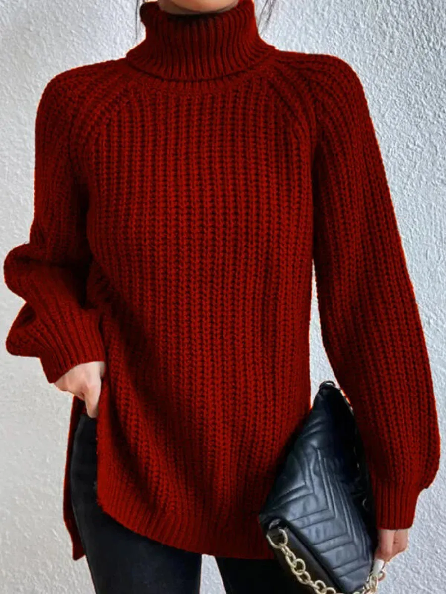 Фото 2024 Autumn Winter Clothes Women New Knitted Sweater Medium and Long Solid High Lapel Neck Split Sweater Pullover Dress Women №4