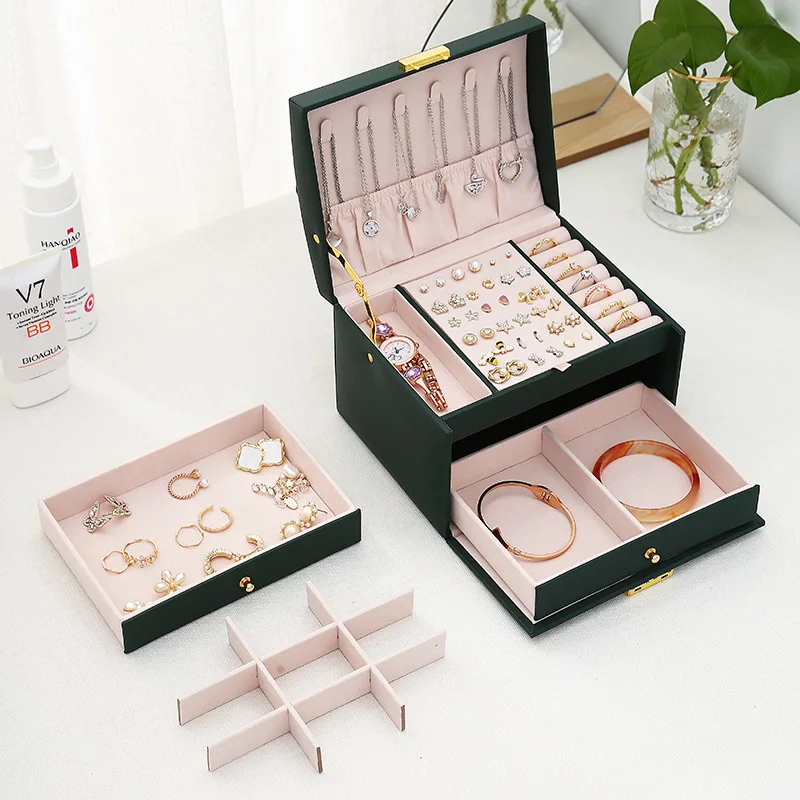 Multi-functional Three-layer Leather Drawer-style Jewelry Box Earrings Earrings Lock Jewelry Box