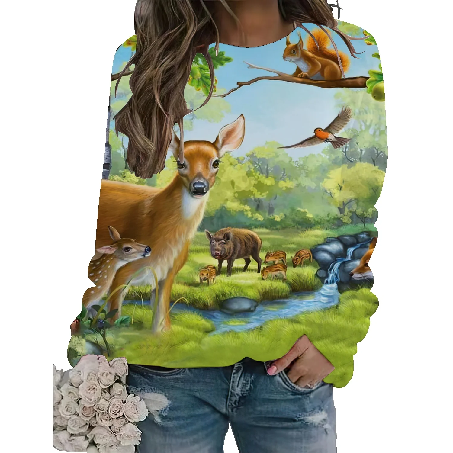 

American fashion all-match round neck sweater autumn and winter new terry thick loose casual vibe wind top deer print pullover