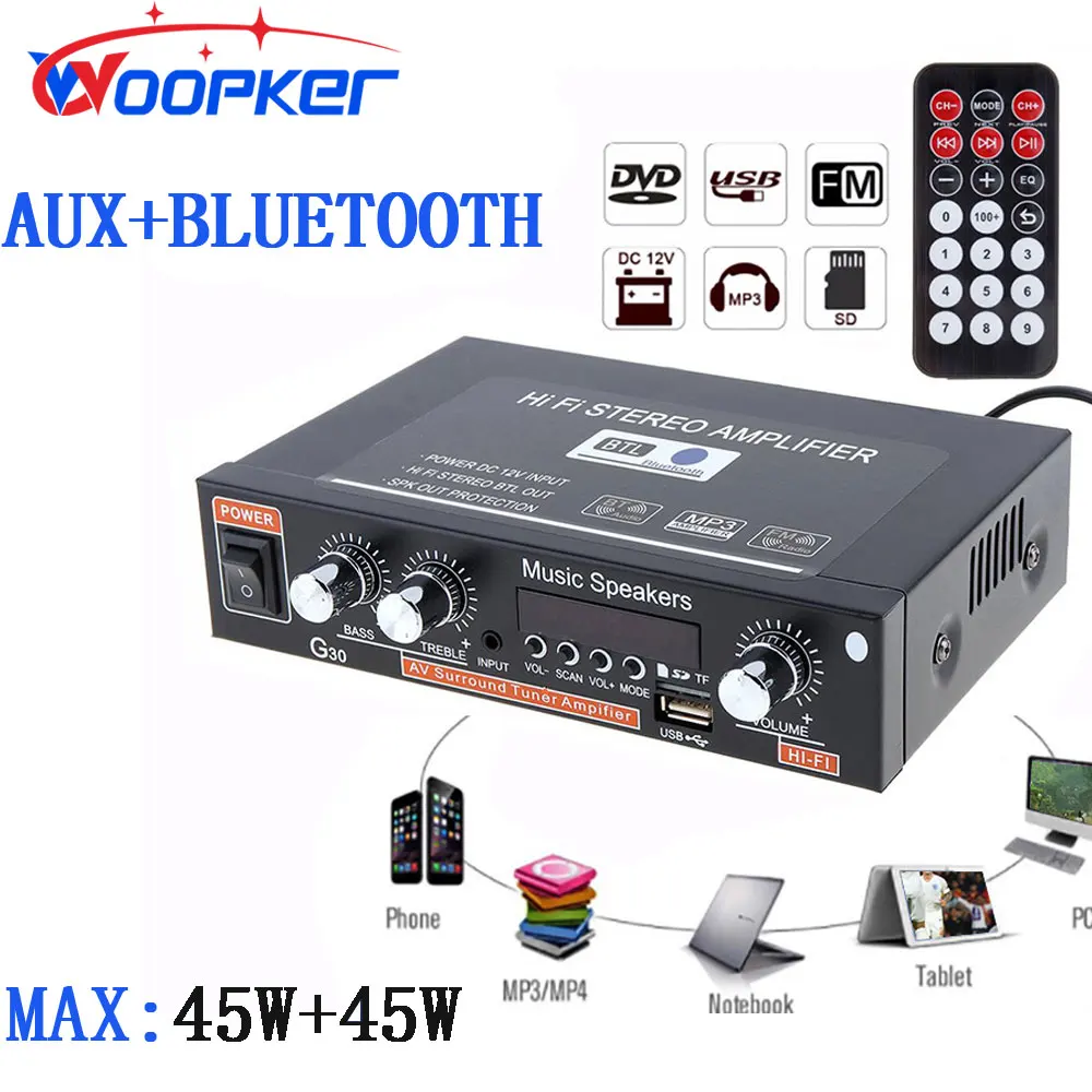 

Цифровой аудиоусилитель WOOPKER G30, усилитель для дома, с поддержкой Bluetooth, Hi-Fi стерео, с сабвуфером, музыкальный плеер с дистанционным управлени...