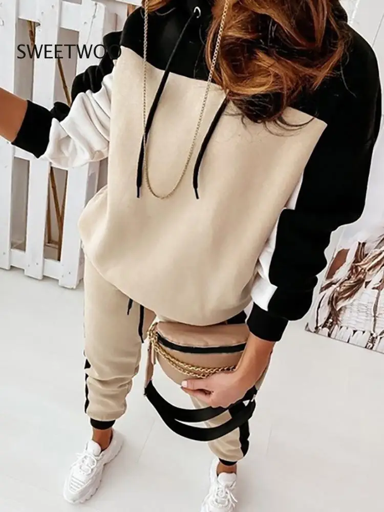 

2022 Women Sets Clothes Outfit Patchwork Spring Autumn Sportswear Hooded Long Sleeve Ladies Suit Loose Pencil Pants Loungewear