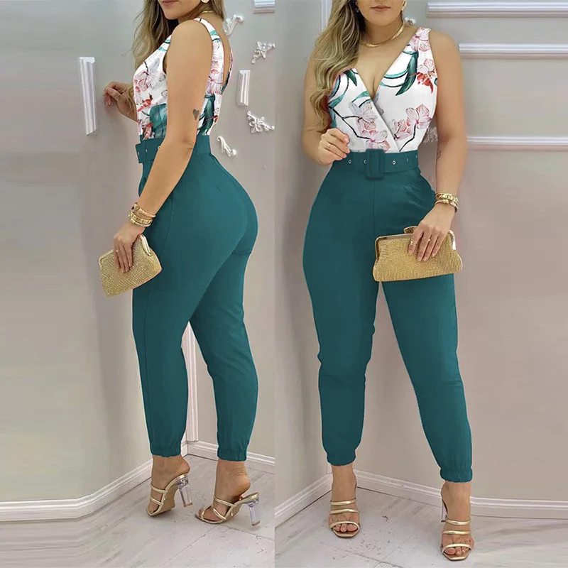 2022 Jumpsuits  Sexy V-neck Sleeveless Printed Jumpsuit Woman Jumpsuits Elegant New Fashion with Belt Vest Playsuit Streetwear