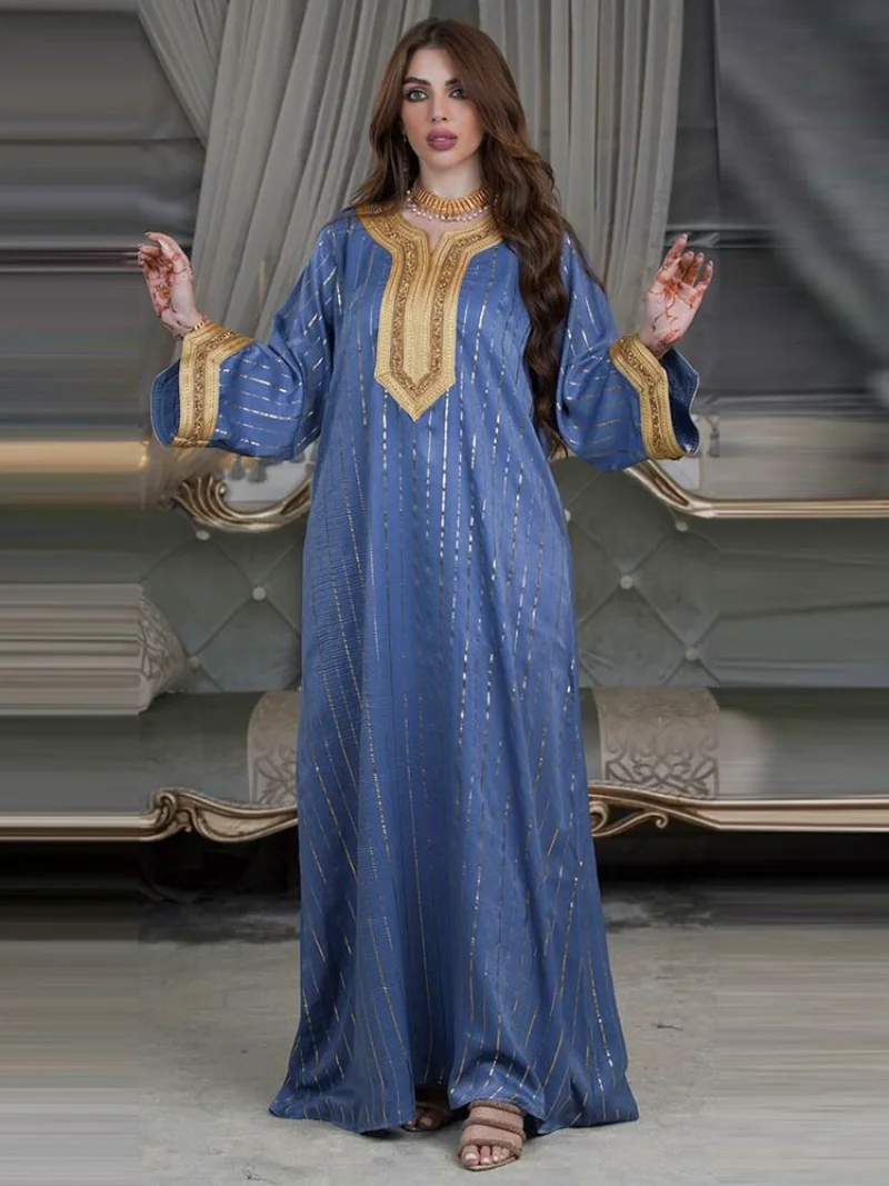 Golden Trim Abaya Arabian Evening Dress Women Gold Stamping Moroccan Muslim Party Kaftan Dubai Gulf Jalabiya Eid Ramadan Gowns