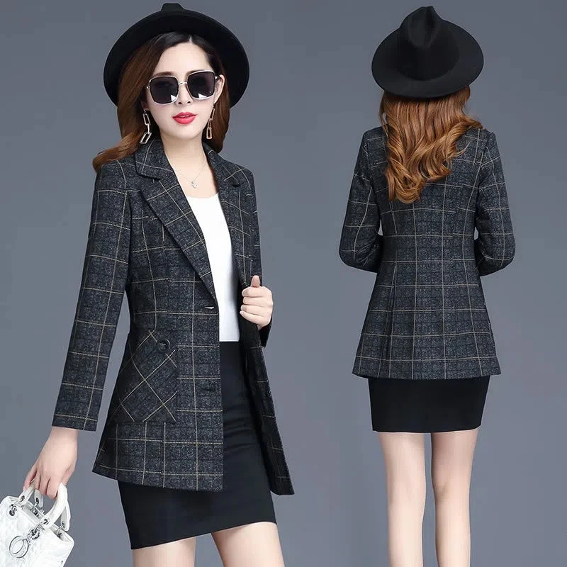 

2023 New Plaid Women Blazers Jackets Spring Autumn Korean Fashion Elegant Single Breasted Long Sleeve Suit Coat Female Tops E786