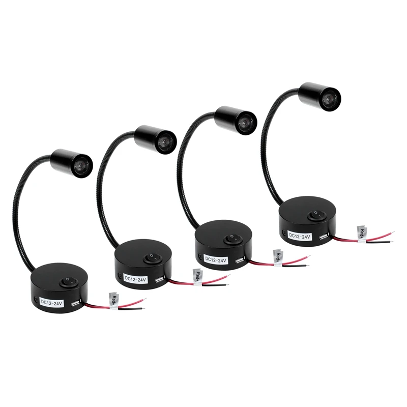 

4X DC 12V Reading Light With USB Charging Port RV Interior Lights Flexible LED Light Fixtures Designed (Black)